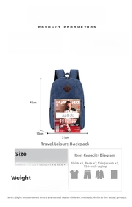 Detailed size chart for blue canvas backpack showing large capacity and dimensions