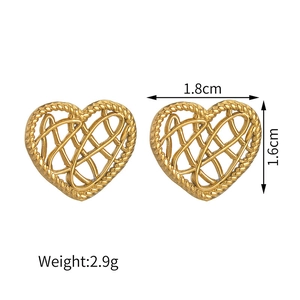 Detail view of gold heart stud earrings featuring a hollow woven texture and dimensions