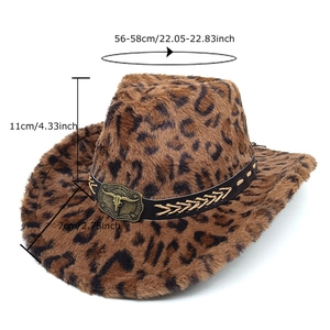 Leopard print plush western cowboy hat with metal bull head buckle and leather band