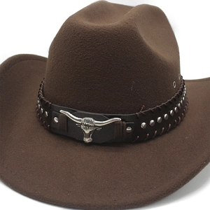 Dark brown western cowboy felt hat featuring silver bull horn metal and rivet trim
