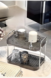 Double-tier silver metal cup rack with dark grey acrylic draining trays for home storage