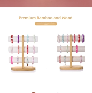 Three-tier bamboo T-bar jewelry display stand with soft grey velvet bars for bracelets