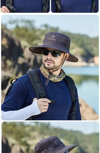 Detail of wide brim sun hat with mesh vents and logo for outdoor fishing and hiking