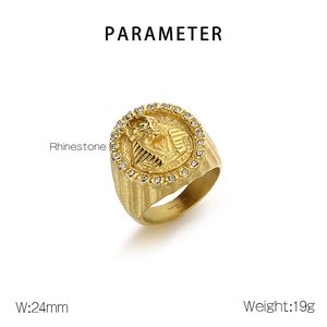 Detail view of gold Egyptian Pharaoh ring with 24mm width and sparkling rhinestone inlay