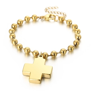18K gold plated chunky bead bracelet with cross pendant and lobster clasp for women