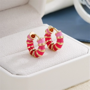 Macro shot of gold-plated hoop earrings with pink and red enamel detailing in jewelry box