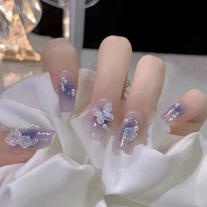 Blue Purple Gradient Press On Nails 3D Butterfly Silver Rose Artificial Pearl Decoration Ballerina Artificial False Nails For Women