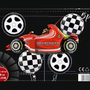 5-piece F1 racing balloon set with red car, checkered flags and tire shapes