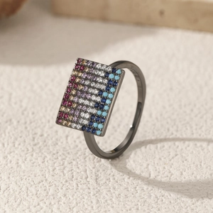 S925 sterling silver ring with colorful square cubic zirconia in black gun finish