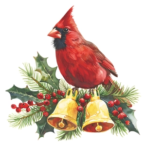 Christmas toilet sticker featuring a red cardinal bird with golden bells and green pine leaves