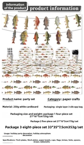 Detailed view of fishing theme party supplies set with paper plates cups and napkins