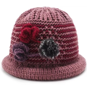 Winter thick knit hat for elderly women with floral pattern and pompom in pink