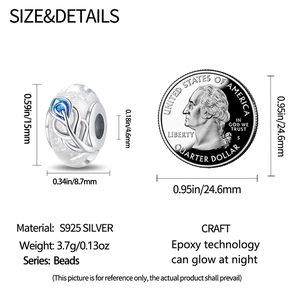 Luminous peacock feather glass bead size comparison and S925 silver specs