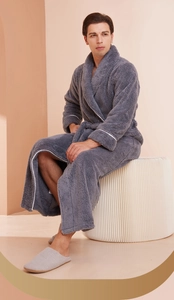 Detailed view of men's thick grey fleece bathrobe with white contrast trim and belt