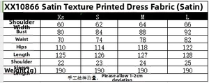 Size chart for printed satin dress showing measurements from size XS to L
