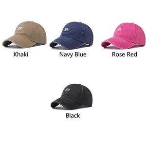 Washed cotton baseball caps in khaki, navy, rose, and black with embroidered design