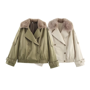 Women Fashion Short Jacket Faux Fur Collar Double Breasted Windproof Casual Streetwear Coat Women Outerwear Rice White Olive Green