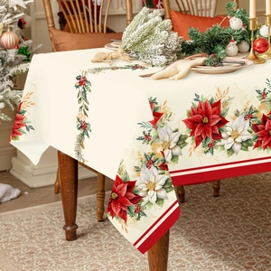 Waterproof Christmas tablecloth with red poinsettia floral patterns on beige fabric