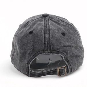 Rear view of washed grey baseball cap with vintage bronze adjustable metal buckle