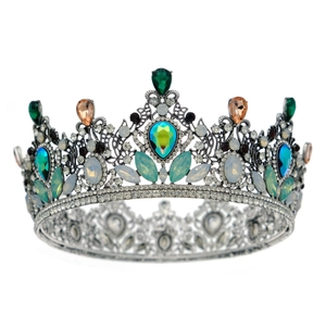 Baroque vintage bridal crown with colorful crystals and green rhinestones in silver