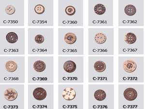 Detailed catalog of natural coconut shell buttons with various engraved geometric patterns