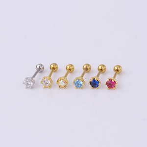 Detail of 20G stainless steel stud earrings featuring six multi-colored zircon stones