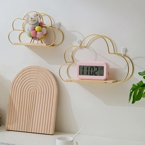 Cloud-shaped gold iron wall shelves with wood base for home storage and decor