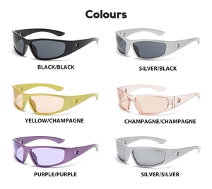 Detailed view of hollow star sunglasses in six colors including black and silver