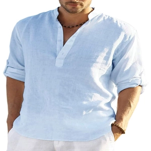 Men's sky blue linen long sleeve Henley shirt in a relaxed fit with button placket