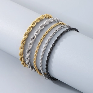 Detailed view of 3mm and 5mm twisted rope chains in gold, silver, and black finish