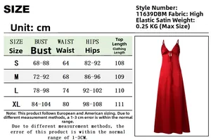 Tableau des tailles pour robe longue en satin dos nu avec mesures en cm de la taille S à XL