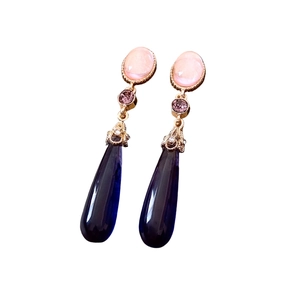 Vintage gold earrings with pink oval, purple round and dark blue water drop gemstones