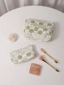 Minimalist white cotton linen cosmetic bag set with green leaf and flower embroidery