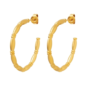 Minimalist gold titanium steel C-shaped hoop earrings with a textured bamboo segment design