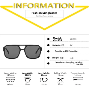 Detailed dimension guide for black retro square sunglasses with PC frame and UV protection