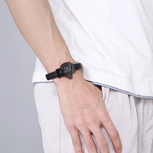 Mens retro wolf head braided leather bracelet with magnetic clasp in black finish