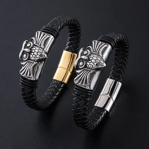Vintage owl woven leather bracelet for men featuring a magnetic clasp and silver relief