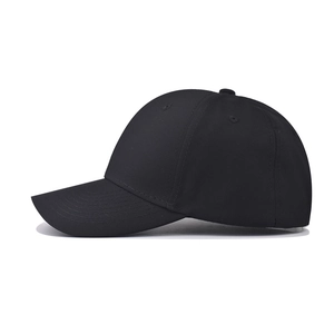 Side view of a classic black six-panel baseball cap with curved brim on white background