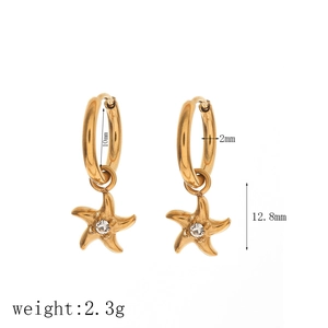 Elegant gold starfish drop earrings with zircon crystals and detailed size measurements