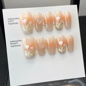 Handmade Press On Nails Reusable Full Cover 3D Flower Tulip Heart Decor Gradient French Style For Women