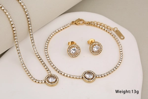 Detailed view of luxury gold-plated stainless steel jewelry set with weight 13g label
