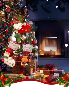 Close-up of three 3D cartoon Christmas stockings hanging on a tree near fireplace