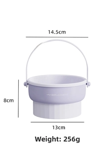 Foldable silicone makeup brush cleaning bowl in lilac purple with dimensions 14.5x13x8cm