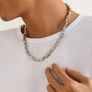 Men's silver irregular CCB necklace worn by a model in a hip-hop punk style