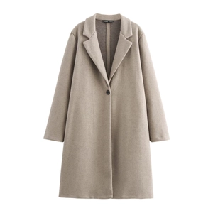 Oatmeal color long-sleeved midi wool coat with lapel collar and single button closure