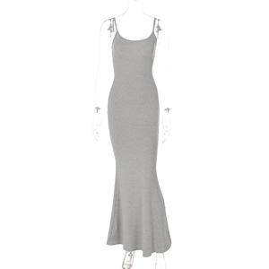 Detailed view of grey bodycon maxi dress with spaghetti straps and fishtail hem design