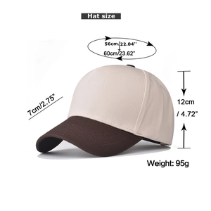 Detailed view of bicolor cotton baseball cap with measurements and 95g weight specs