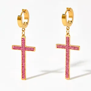 Punk style gold stainless steel huggie earrings with pink rhinestone cross pendant