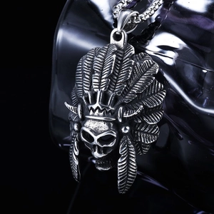 Collana Con Ciondolo Teschio Capo Indiano In Acciaio Inossidabile Retro Gotico Copricapo Di Piume Gioielli Biker Per Uomo