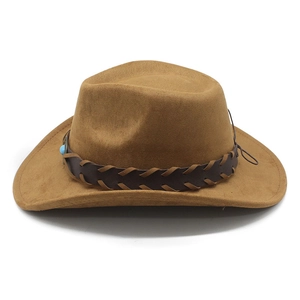 Detail of camel suede jazz hat with woven leather band and turquoise bead accessory